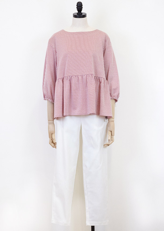 C`EST MOIJEU  甜美氣質泡泡布直條紋提花剪接上衣