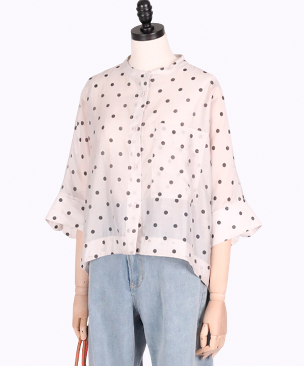 ARIES  透膚感甜美跳色波卡圓點印花襯衫