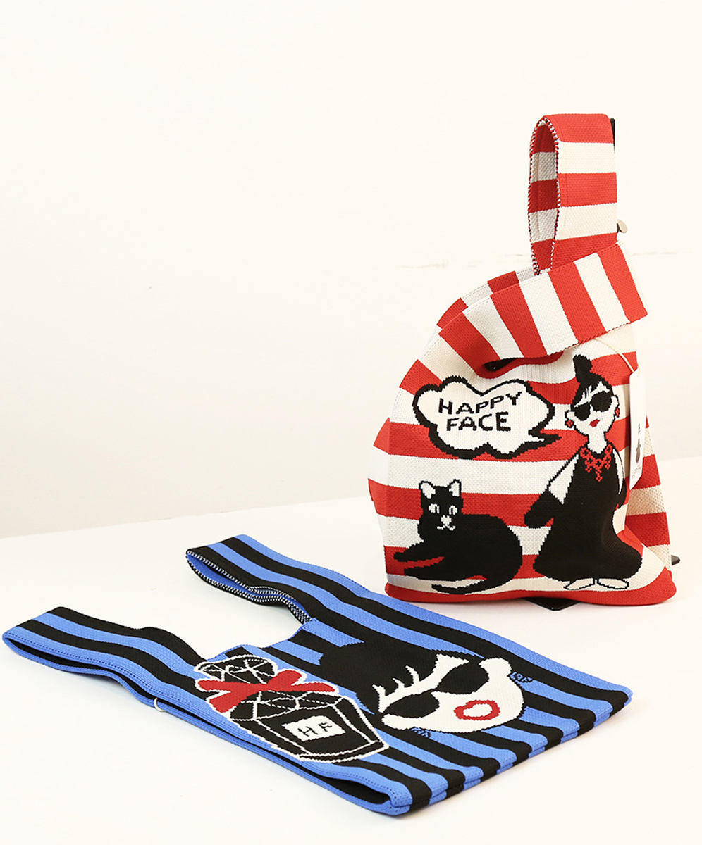YINHWA HAPPYFACE娃娃條紋提花圖案針織手提袋