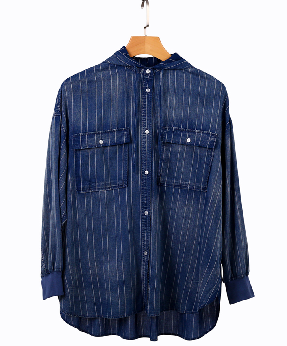 C`EST MOIJEU  率性俐落跳色直條印花單寧連帽外套